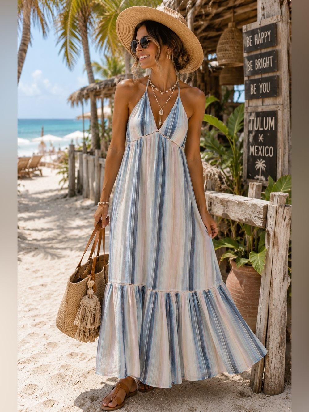 En Crème Cotton Gauze Halter Maxi Dress M Pastel Stripe Tiered Boho Beach C2 - Picture 3 of 12